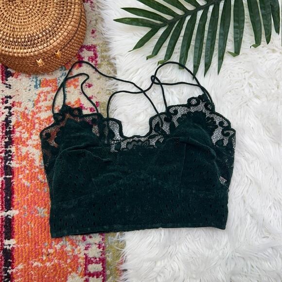 Free People One Forest Green Velvet Lace Sexy Bralette Medium Festival Crop - Picture 1 of 5